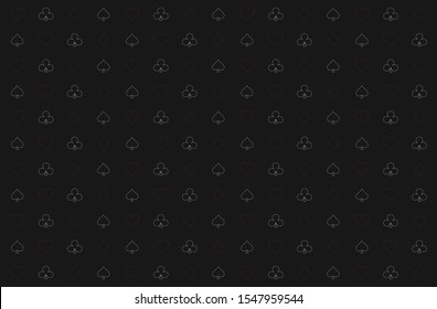 Casino background. Dark black vector background with cards signs. Symbols of playing cards. Design for gambling business or casino. Casino pattern for leaflets of poker games, events