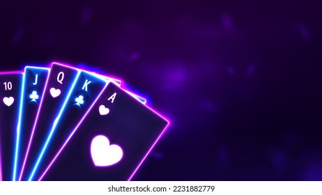 Casino background design with neon playing cards on purple background.