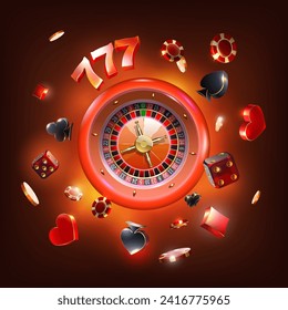 Casino background design with playing cards symbol,  roulette wheel , playing chips , dices and Winning combination numbers of lucky three sevens jackpot. Casino illustration.