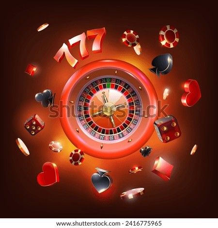 Casino background design with playing cards symbol,  roulette wheel , playing chips , dices and Winning combination numbers of lucky three sevens jackpot. Casino illustration.