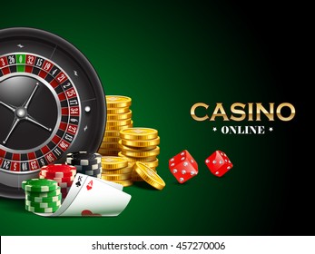 Casino background with dice, golden coins, cards, roulette and chips.