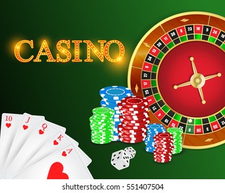 Casino background with dice, golden coins, cards, roulette and chips.