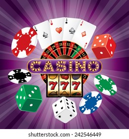 casino background with dices, cards, roulette, slot machine and chips on purple burst