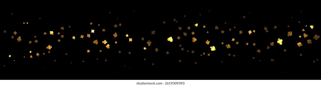 Fundo do casino. Jogando cartas brilhantes douradas em fundo preto. Espumantes de coração, paus, diamantes e espadas no escuro. Conceito de jogo online. Ilustração de vetor abstrato VIP.