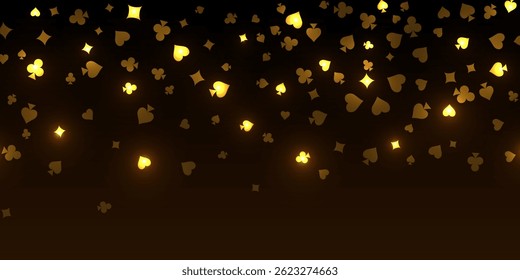 Fundo do casino. Jogando cartas brilhantes douradas em fundo preto. Espumantes de coração, paus, diamantes e espadas no escuro. Conceito de jogo online. Ilustração de vetor abstrato VIP.
