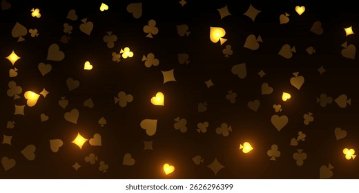 Fundo do casino. Jogando cartas brilhantes douradas em fundo preto. Espumantes de coração, paus, diamantes e espadas no escuro. Conceito de jogo online. Ilustração de vetor abstrato VIP.