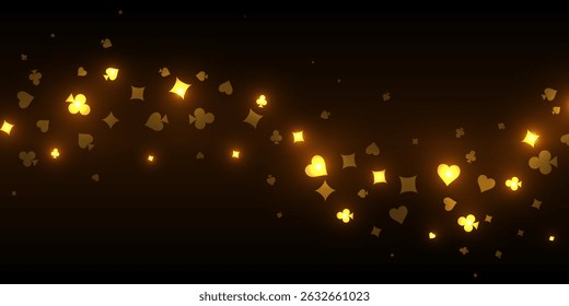 Fundo do casino. Jogando cartas brilhantes douradas em fundo preto. Espumantes de coração, paus, diamantes e espadas no escuro. Conceito de jogo online. Ilustração de vetor abstrato VIP.