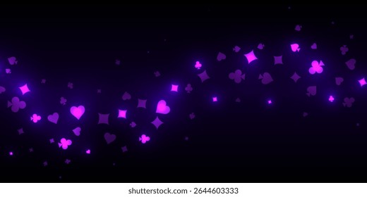 Fundo do casino. Queda roxo brilhante cartas de jogo no fundo preto. Espumantes de coração, paus, diamantes e espadas no escuro. Conceito de jogo online. Ilustração de vetor abstrato VIP.