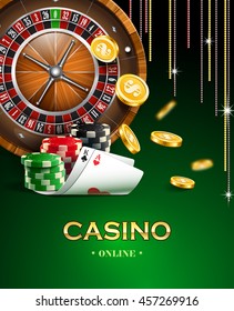 Casino background with golden coins, cards, roulette and chips.