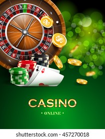 Casino background with golden coins, cards, roulette and chips.