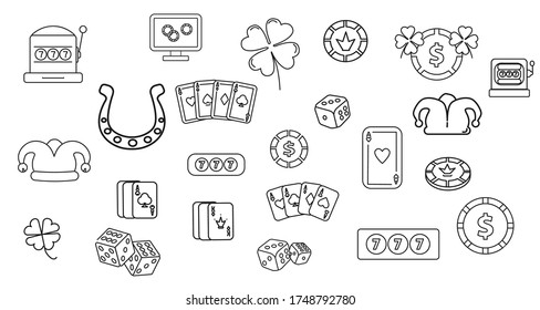 casino background line icon set with casino slot, dices, playing card, joker cap