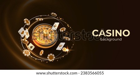 Casino background. Luxurious illuminated roulette wheel, spinning effect in flight of playing cards and poker chips. Golden win. VIP online service. Horizontal concept with space for advertising text