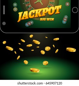 Casino background with mobile phone, roulette, chips and falling golden coins. Vector casino banner with an inscription the jackpot