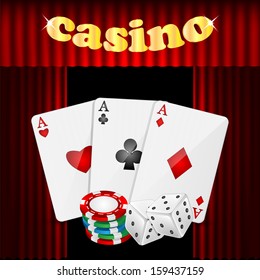 casino background.set of objects for a casino on a background of red drapes.vector