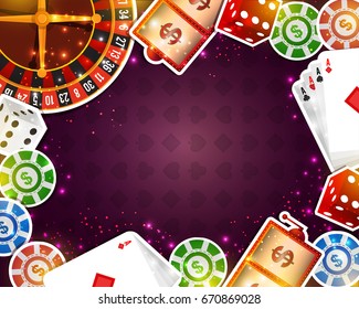 Casino background with paper roulette wheel, slot machine, dices, poker chips and playing cards elements. Creative banner with space for your text.
