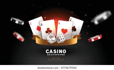 casino background with playing card dice and flying chips
