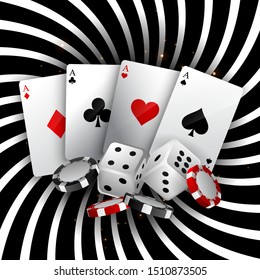 Casino background with playing cards of chips and dice. Modern vector banner