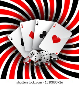 Casino background with playing cards of chips and dice. Modern vector banner