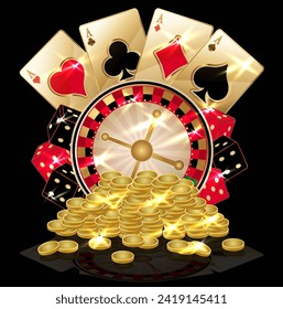 Casino background with poker cards and golden coins, vector illustration