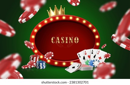 Casino background with poker chips, cards and golden crown.