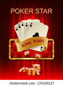 Casino background with poker combination royal flush and chips. Vector illustration.