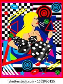 Casino background pop art, with a blonde girl and cubes, vector