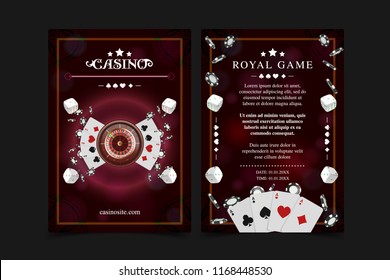 Casino background poster, flyer, Vip invitation poker game. Casino poster or banner background or flyer template. Playing Cards, dice, Chips. Game design concept. Playing casino games