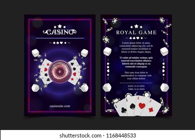 Casino background poster, flyer, Vip invitation poker game. Casino poster or banner background or flyer template. Playing Cards, dice, Chips. Game design concept. Playing casino games