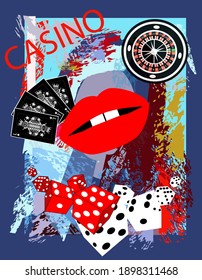 Casino background with red lips, dices and roulette wheel, cartoon.