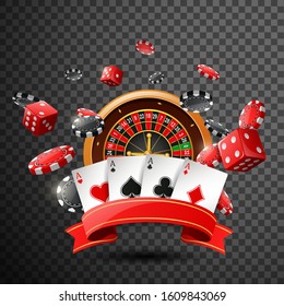 Casino background with red ribbon on isolated transparent background. Vector illustration