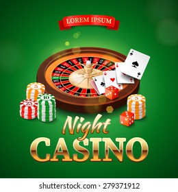 Casino background with roulette wheel, chips, game cards and dice. Vector illustration.