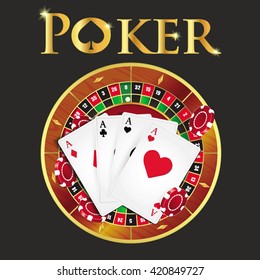 Casino background with roulette wheel, chips, game cards . Vector illustration.