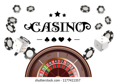 Casino background roulette wheel with dice and chips. Online casino poker table concept design. Top view of white dice and chips on white background. Casino sign. 3d vector illustration