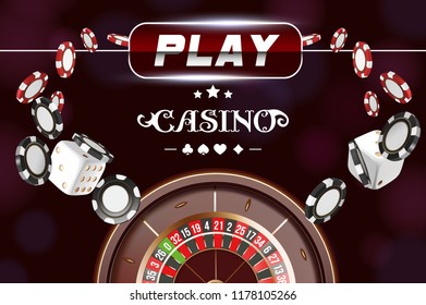 Casino background roulette wheel with dice and chips. Online casino poker table concept design. Top view of white dice and chips on black background. Casino sign. 3d vector illustration