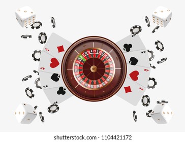 Casino background roulette wheel with playing cards, dice and chips. Online casino poker table concept design. Top view of white dice and chips on blue background. Casino sign. 3d vector illustration.