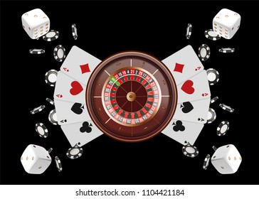 Casino background roulette wheel with playing cards, dice and chips. Online casino poker table concept design. Top view of white dice and chips on blue background. Casino sign. 3d vector illustration.