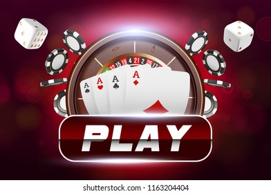 Casino background roulette wheel with playing cards, dice and chips. Online casino poker table concept design. Top view of white dice and chips on red background. Casino sign. 3d vector illustration