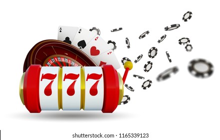 Casino background roulette wheel with playing cards, dice and chips. Online casino poker table concept design. Top view of white dice and chips on blue background. Casino sign. 3d vector illustration