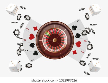 Casino background roulette wheel with playing cards, dice and chips. Online casino poker table concept design. Top view of white dice and chips on blue background. Casino sign. 3d vector illustration.
