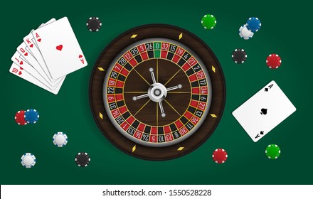 Casino background with roulette wheel, poker chips and game cards on green background. Vector illustration.