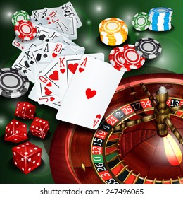 Casino background with roulette,cards, chips and dices.