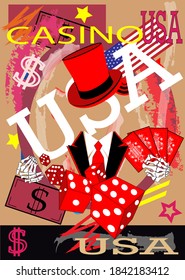 Casino background with skull, dices and cards. Red and pink color. 