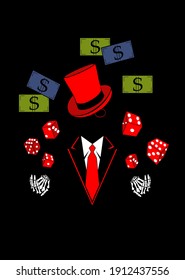 Casino background with skull  in tuxedo, dices and money dollar bills. Vector red color.