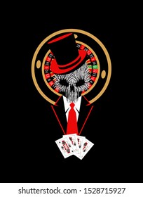 Casino background with skull in a tuxedo, red tie and cylinder hat, roulette wheel and playing cards.