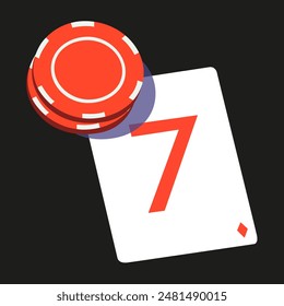 Fondo del casino. Deportes y Ocio. Ilustración de póquer con dinero, cartas y fichas rojas. Jugando a la carta con el número 7