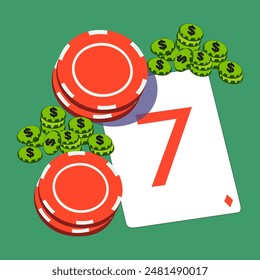 Casino background. Sports and recreation. Poker illustration with money, playing cards and red chips. Playing card with the number 7