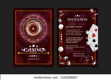 Casino background style Ace, Vip invitation poker game. Casino poster or banner background or flyer template. Playing Cards, dice, Chips. Game design. Playing casino games