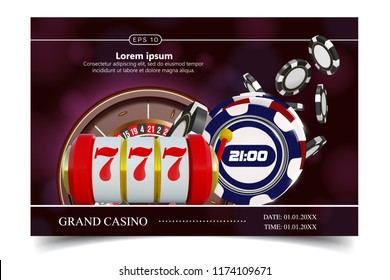 Casino background style Ace, Vip invitation poker game. Casino poster or banner background or flyer template. Playing Cards, dice, Chips. Game design. Playing casino games