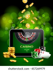 Casino background with tablet, golden coins, cards, roulette and chips.