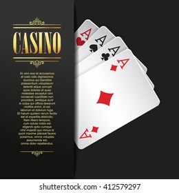 Casino background. Vector Poker illustration. Gambling template. Design with playing cards. Four aces. 